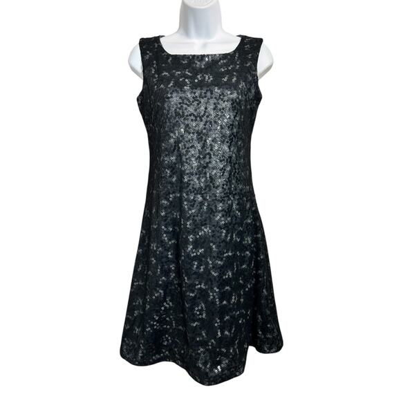 EBZA Black A-Line Dress Sz Small Mesh Floral Sequin Sleeveless Lined Knee Length - Picture 4 of 7